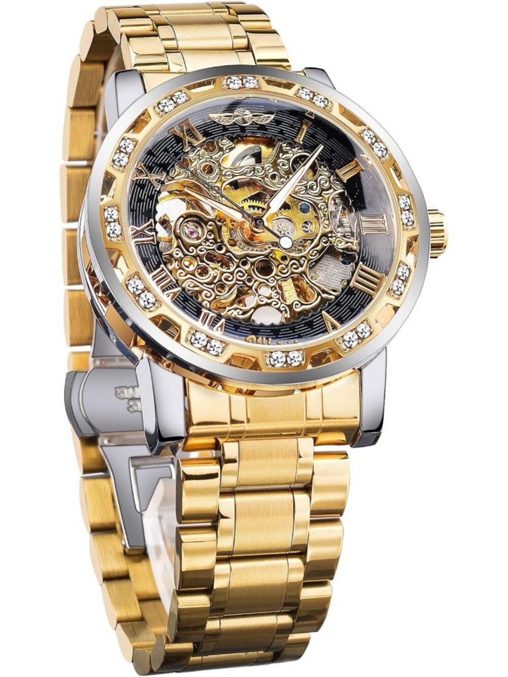 Vintage-Inspired Skeleton Watch with Diamond Accents & Floral Design - Men's